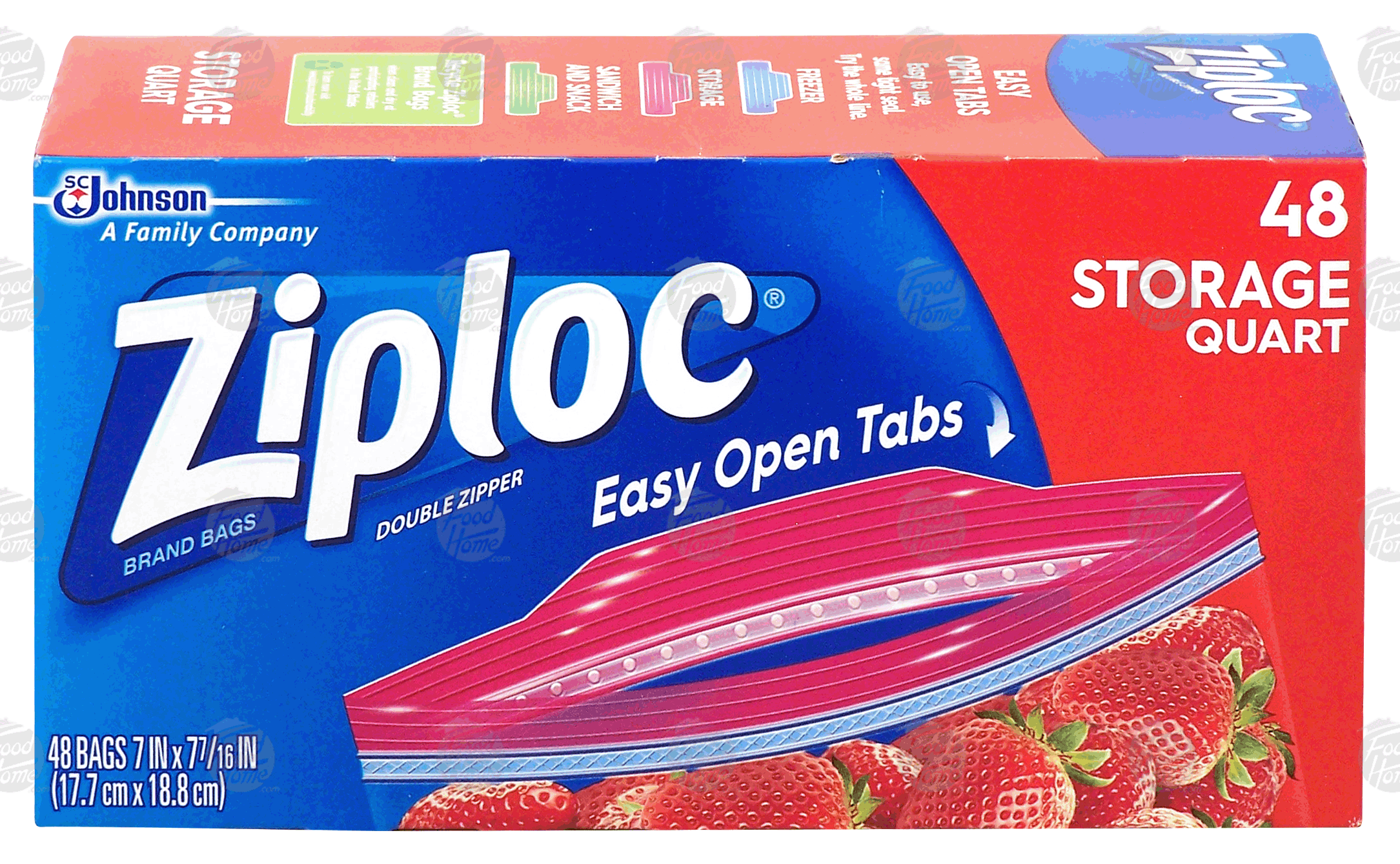 Ziploc  quart size storage bags, double zipper, quart size, easy open tabs, 7 in x 7-7/16 in Full-Size Picture